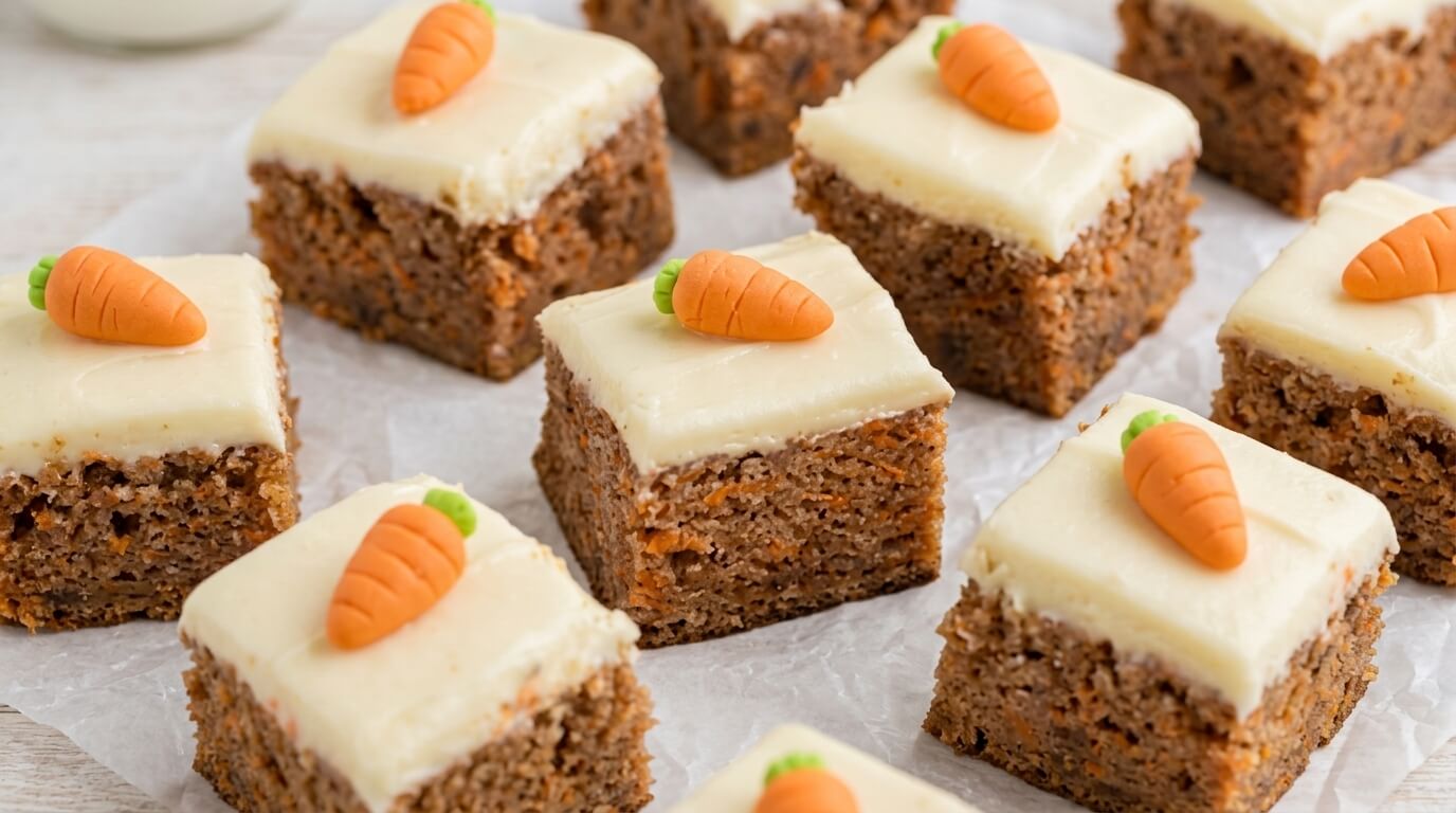 Squares of carrot cake with cream cheese frosting topped with small fondant carrots on parchment paper