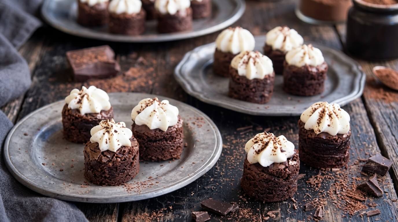 Mini chocolate brownies topped with whipped cream on metal plates with chocolate pieces and cocoa powder.