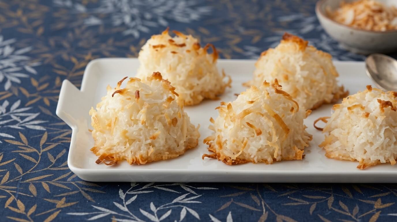 Five toasted coconut macaroons on a white rectangular plate on a blue patterned tablecloth