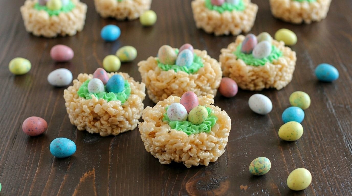 Rice Krispies treats shaped like nests with green frosting and candy Easter eggs on a wooden surface
