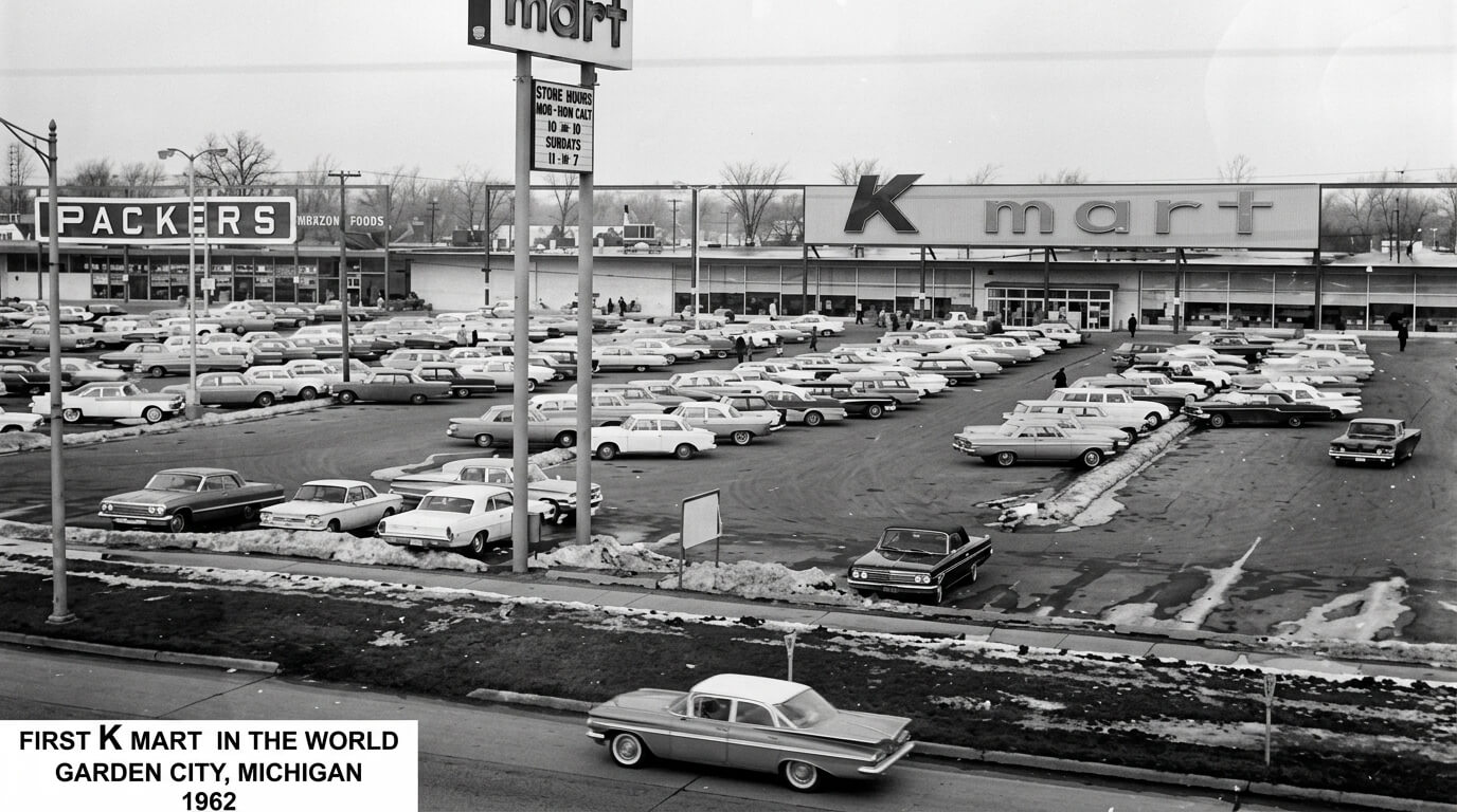 First Kmart store with vintage cars in the parking lot, Garden City, Michigan, 1962.