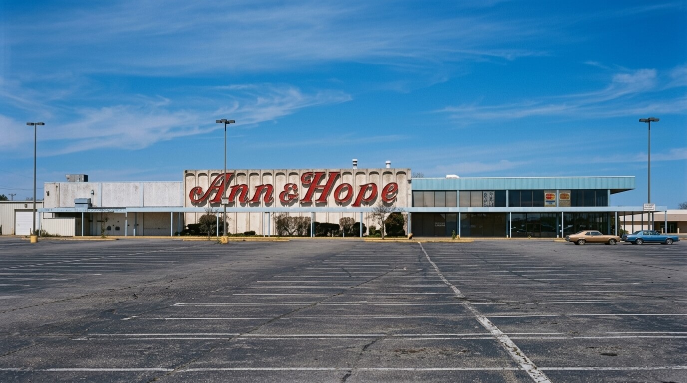 Empty parking lot in front of a closed Ann & Hope store with two vintage cars parked near the entrance.