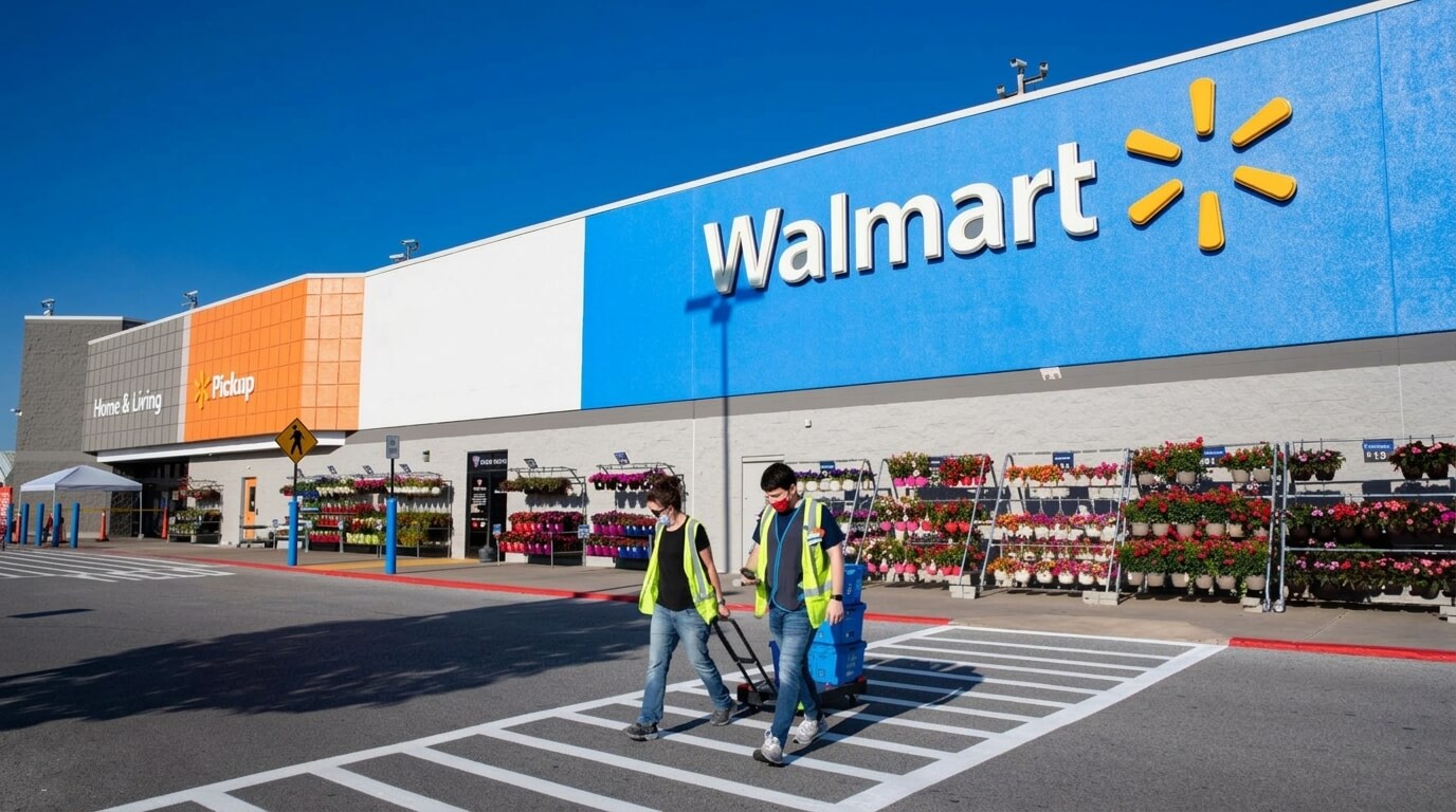 Two Walmart employees wearing safety vests and masks walking across a crosswalk outside a Walmart store with flowers displayed.