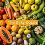 Variety of fruits and vegetables arranged around the text "The Dirty Dozen" on a wooden surface