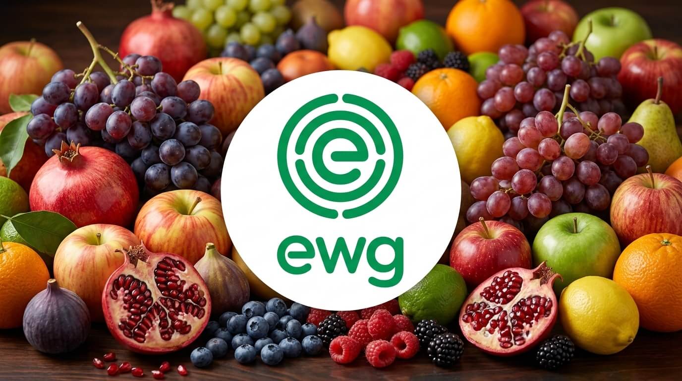 EWG logo over assorted fresh fruits including apples, grapes, pomegranates, berries, citrus, and figs