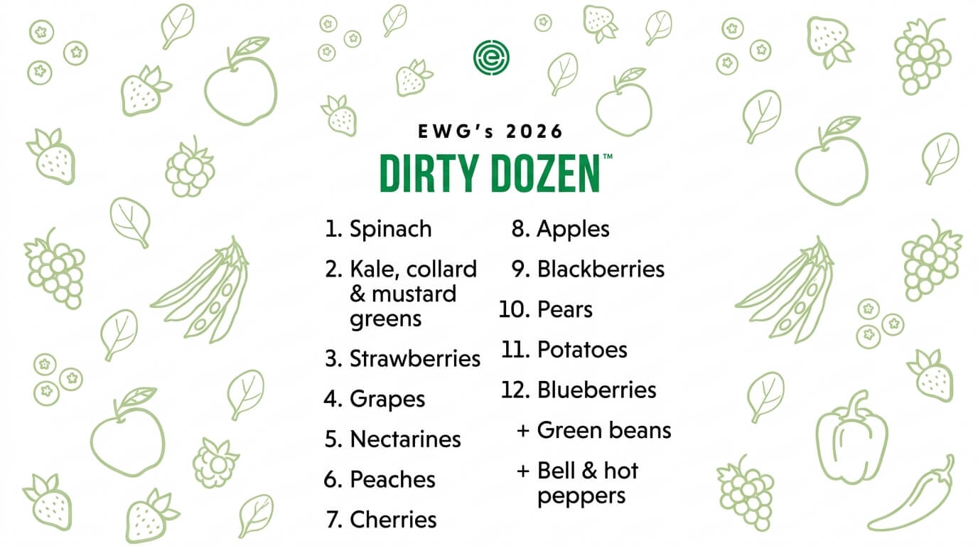 EWG's 2026 Dirty Dozen list of fruits and vegetables with highest pesticide residues including spinach, strawberries, and apples.