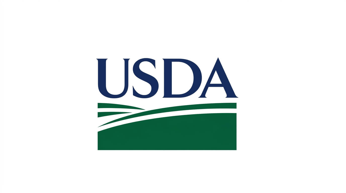 USDA logo with blue letters above green stylized fields on white background