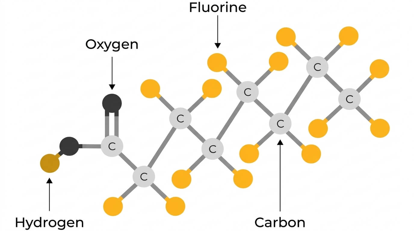 Molecular structure diagram showing carbon, hydrogen, oxygen, and fluorine atoms connected by bonds.