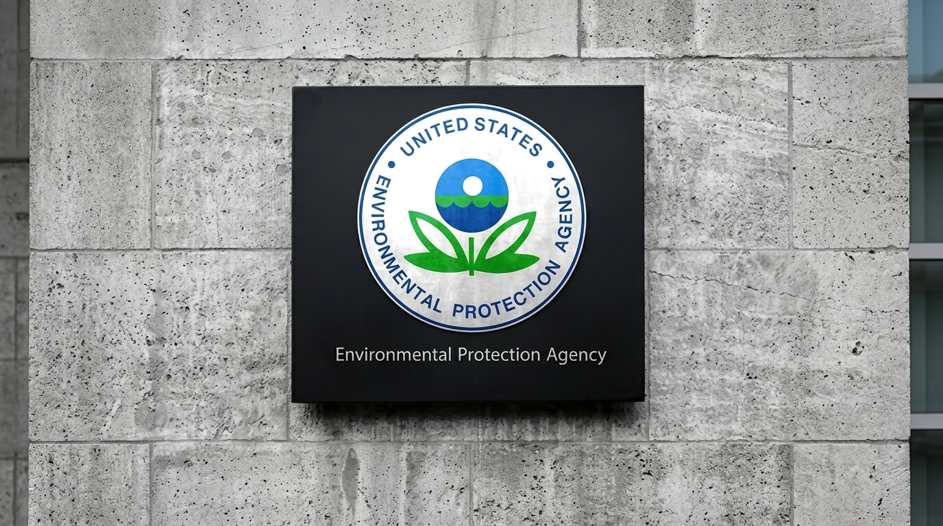 United States Environmental Protection Agency logo on a black sign mounted on a stone wall