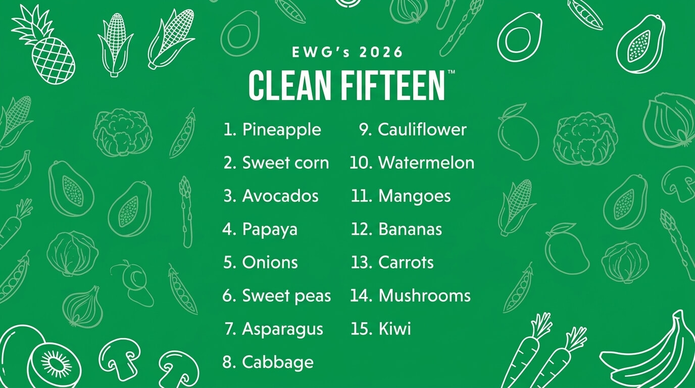 EWG's 2026 Clean Fifteen list of fruits and vegetables with lowest pesticide residues.