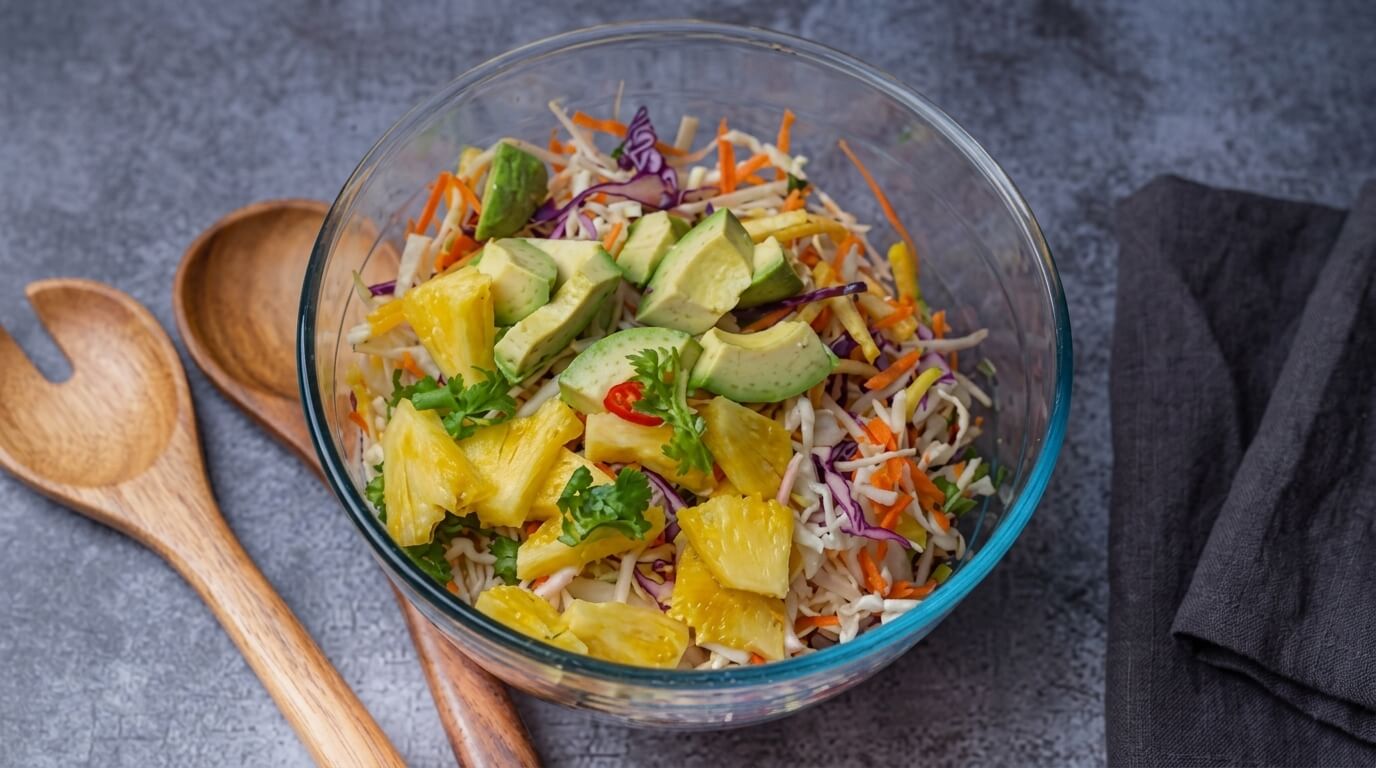 Glass bowl of mixed vegetable and pineapple salad with avocado and cilantro on gray surface with wooden salad spoons and dark cloth napkin