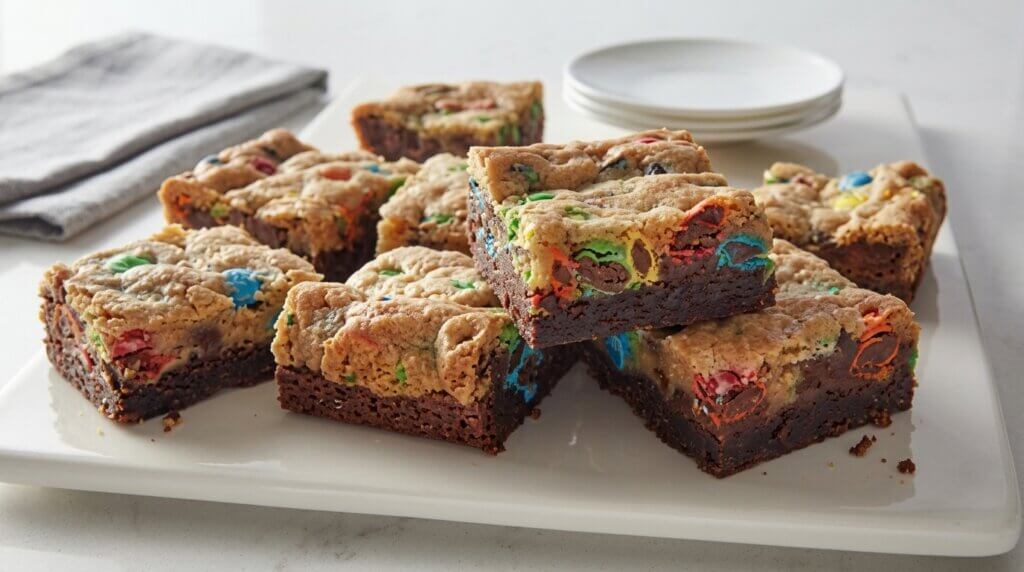 Brownie blondie bars with colorful candy pieces on a white serving platter with stacked plates in the background