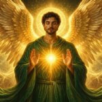 Angel with golden wings and glowing heart, wearing a green robe with eyes closed in meditation.