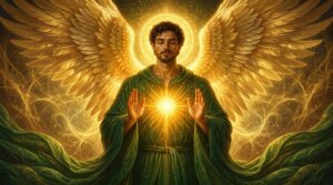 Angel with golden wings and glowing heart, wearing a green robe with eyes closed in meditation.