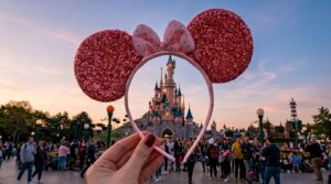 Hand holding pink sequined Minnie Mouse ears headband framing Sleeping Beauty Castle at Disneyland with crowd in background.