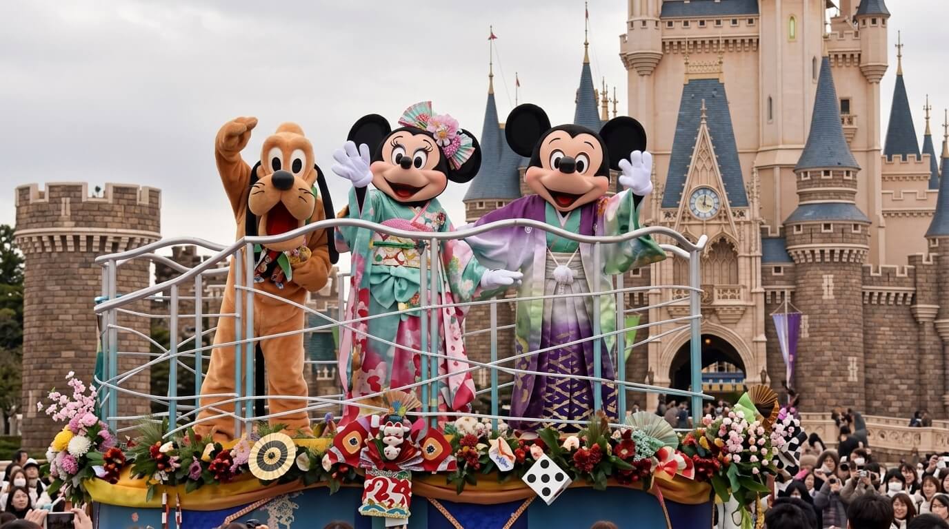 Pluto, Minnie Mouse, and Mickey Mouse in traditional Japanese attire waving from a decorated parade float at a Disney castle.