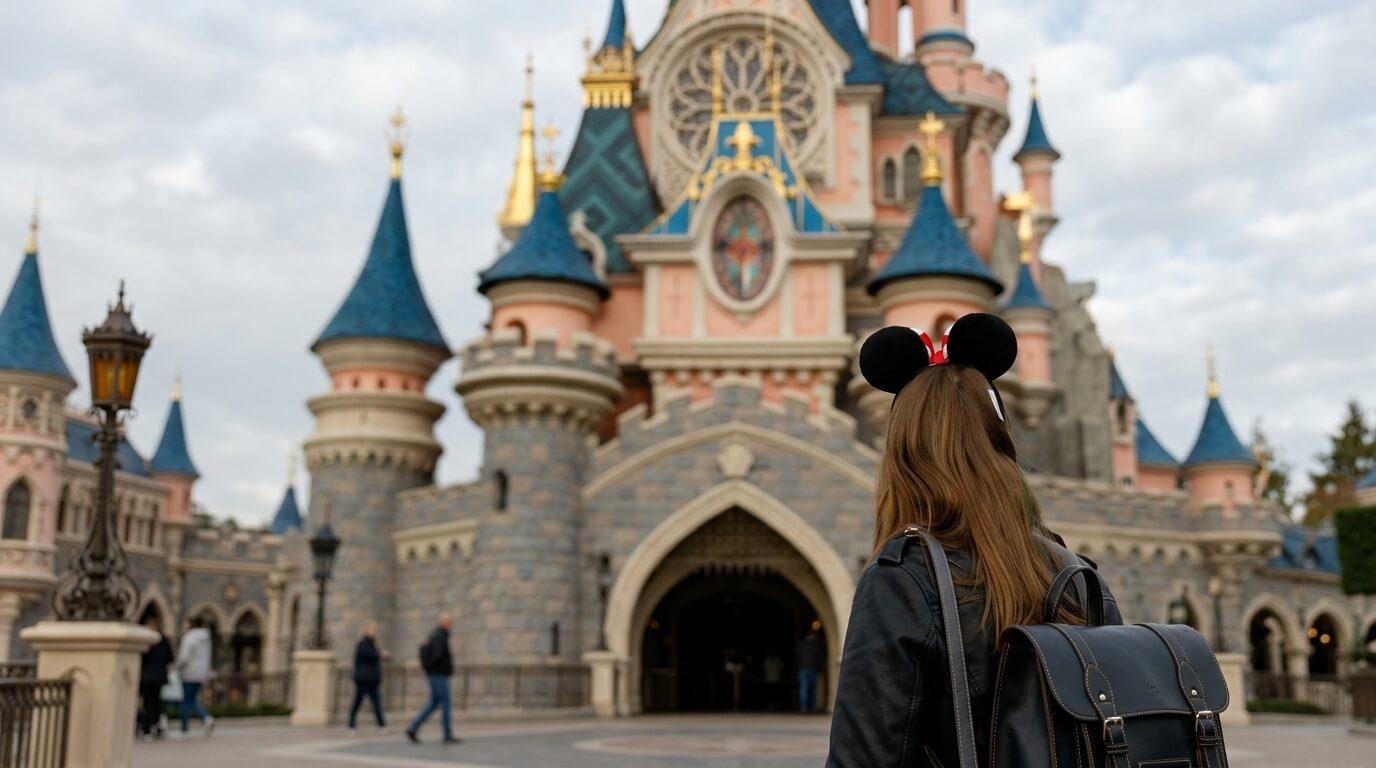 Person wearing Mickey Mouse ears facing Sleeping Beauty Castle at Disneyland