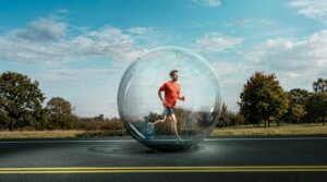 Man in red shirt running inside a transparent bubble on a road with trees and blue sky background.