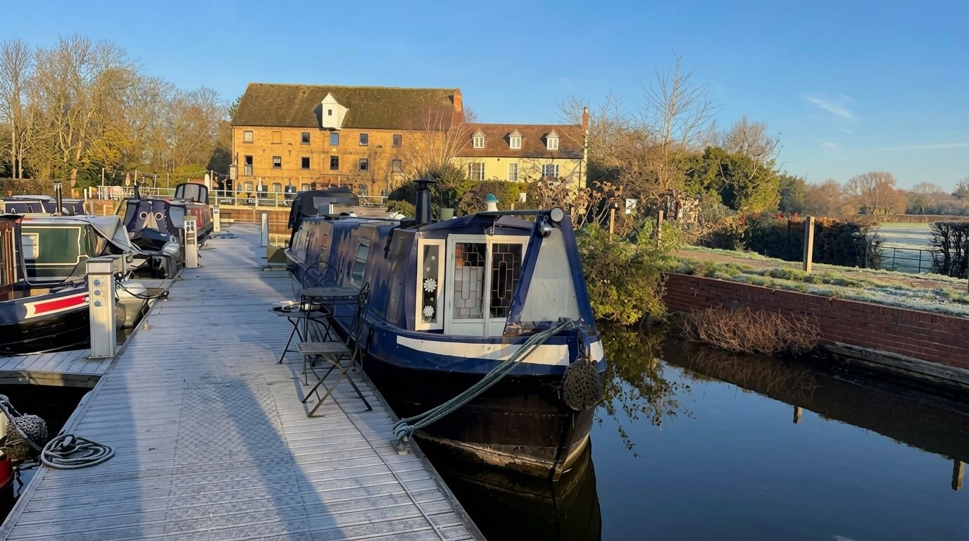 Narrowboats moored along a dock with a brick building and leafless trees in the background on a clear day.