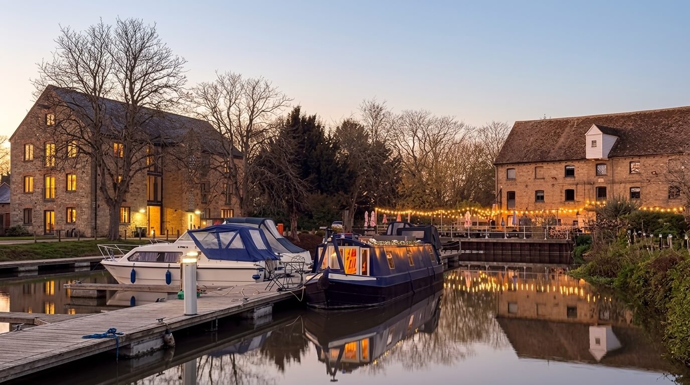 Boats docked at a canal marina with lit historic stone buildings and string lights at dusk