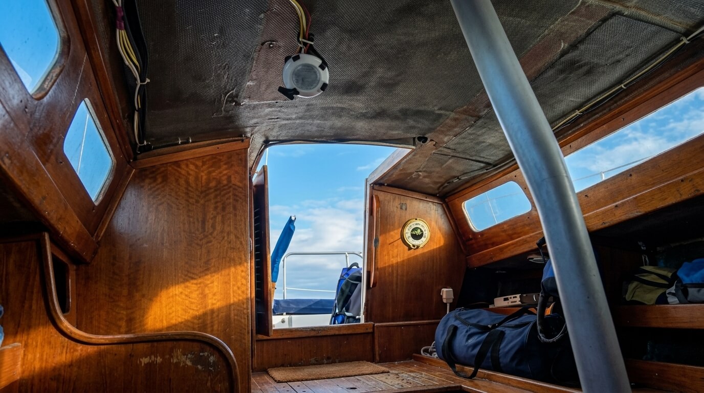 Interior of a wooden sailboat cabin with bags, a barometer, and an open hatch showing blue sky and part of the deck.