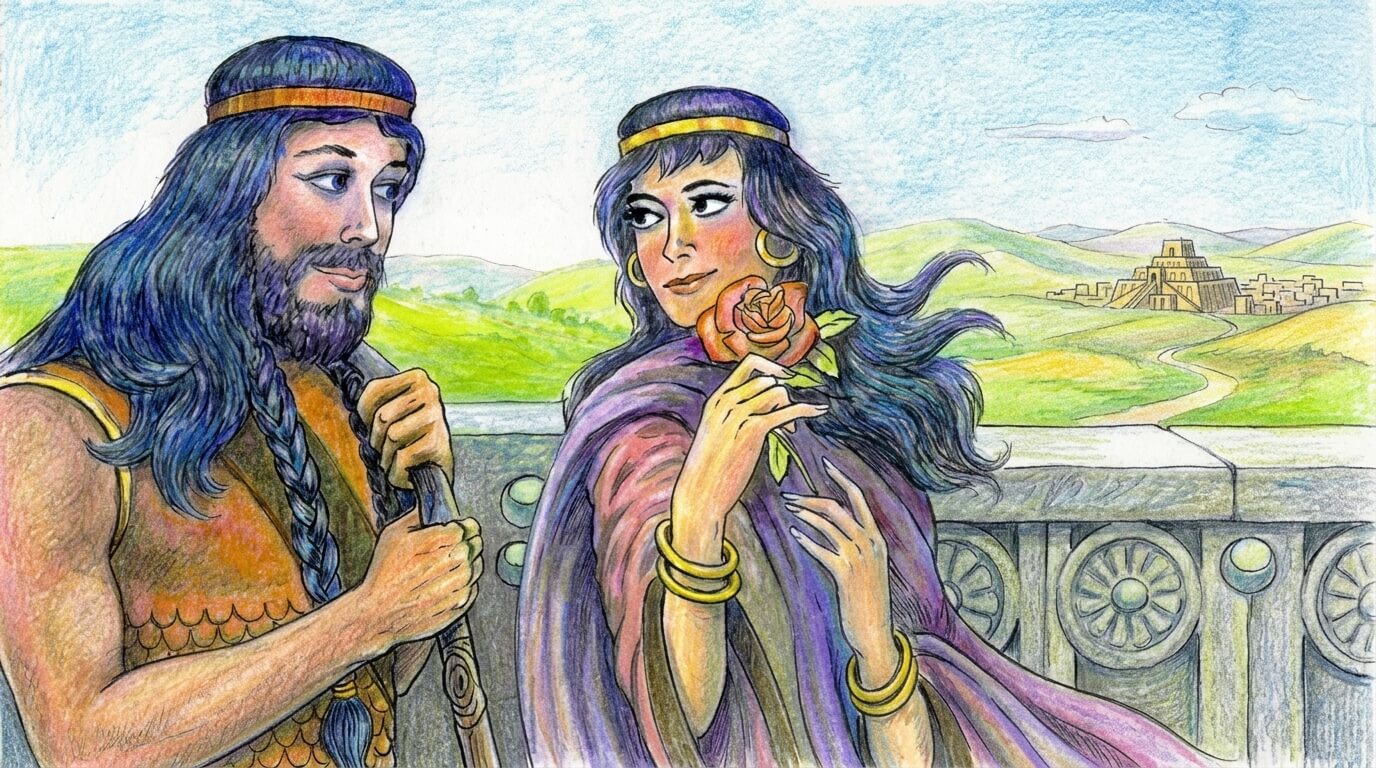 Ancient man and woman in traditional attire with a rose, standing by a stone railing overlooking a distant city.