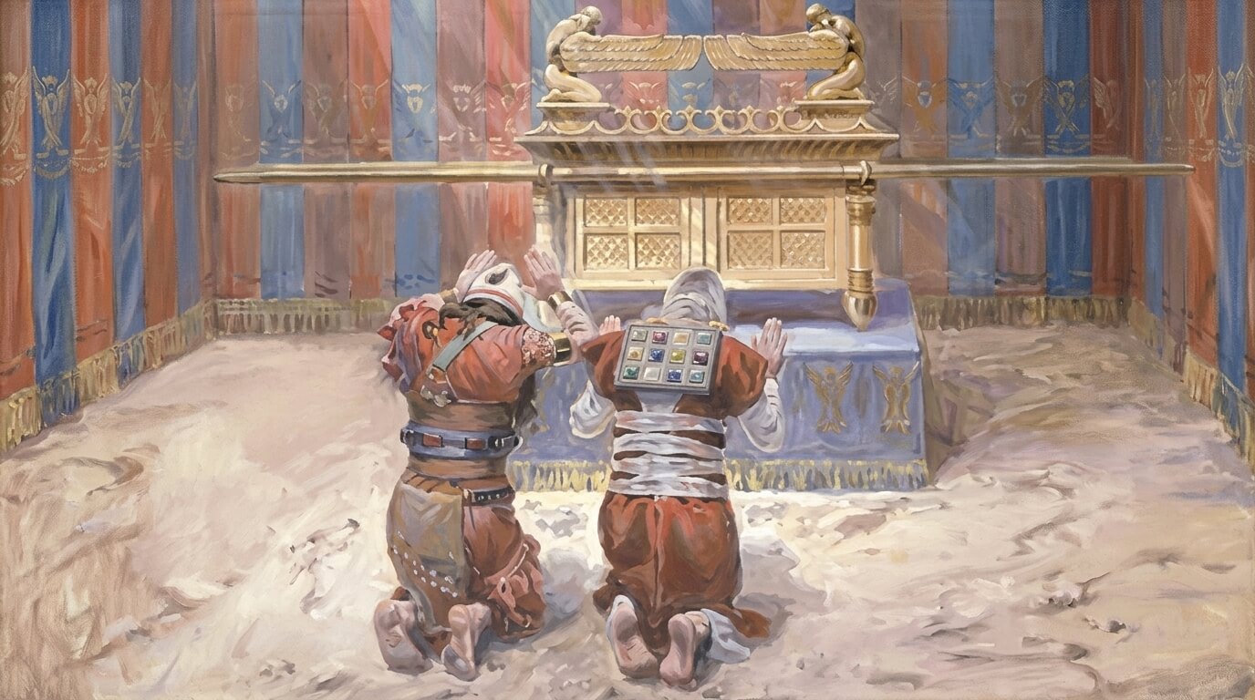Two ancient priests kneeling and praying before the golden Ark of the Covenant inside a tent.