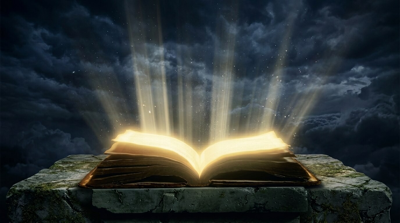 Ancient book glowing with golden light and magical rays on a stone pedestal under a dark cloudy sky.