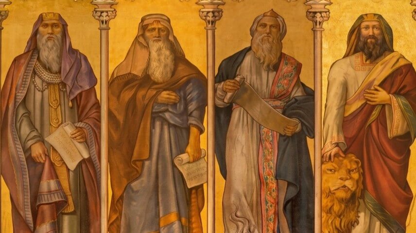 Four bearded biblical prophets holding scrolls, one resting hand on a lion, depicted in a classical mural.