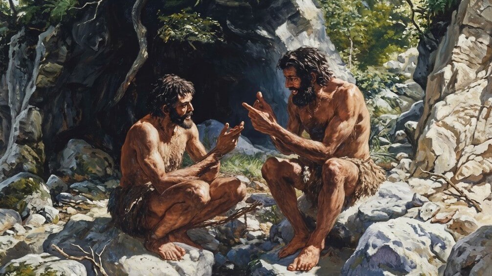Two prehistoric men in animal skins sitting on rocks and gesturing while communicating outside a cave.