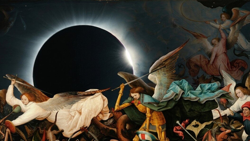 Medieval angels battling demons under a solar eclipse with glowing corona in the background