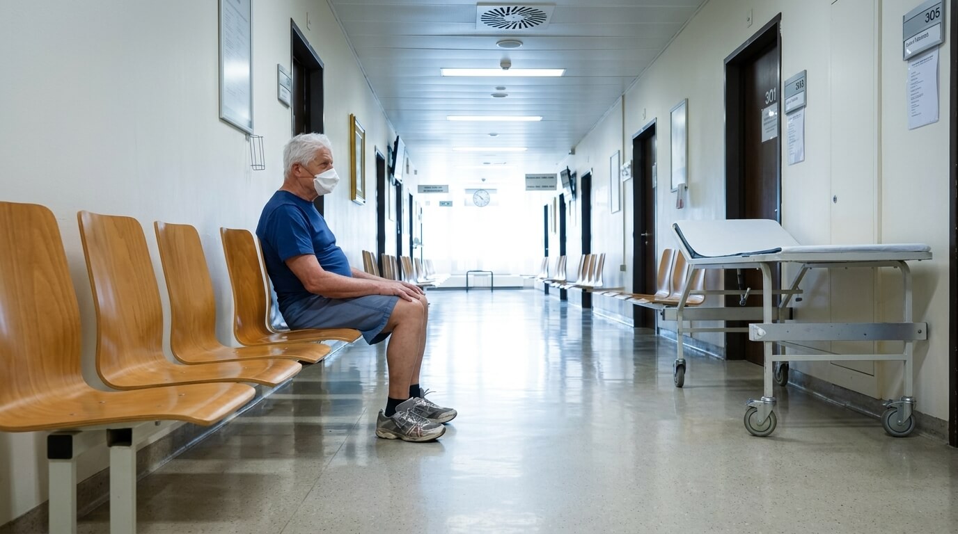 Elderly man wearing a face mask sitting on a wooden chair in a hospital corridor waiting area.