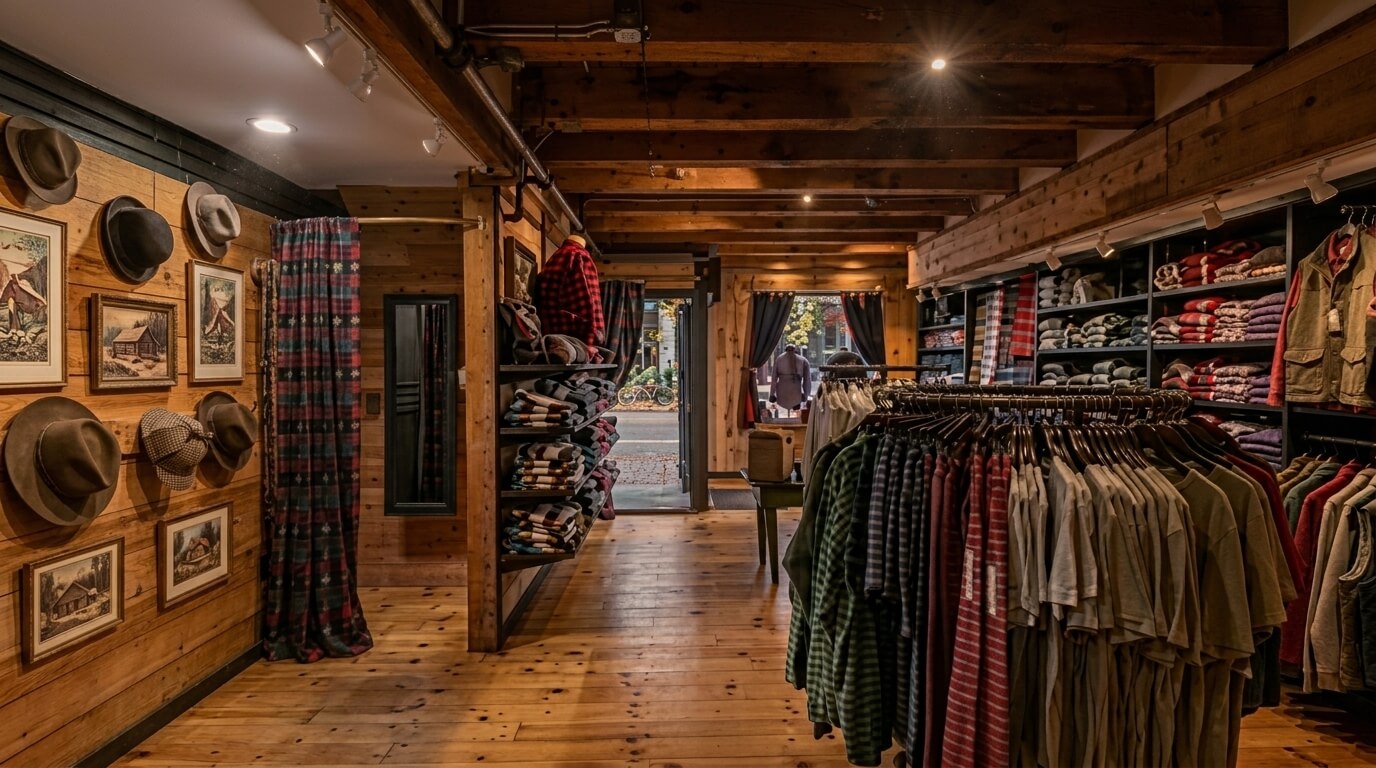 Rustic clothing store interior with hats, folded sweaters, and hanging shirts on wooden walls and floors