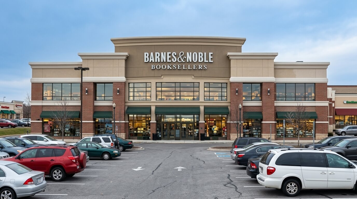 Barnes & Noble bookstore exterior with parked cars in front under a cloudy sky.