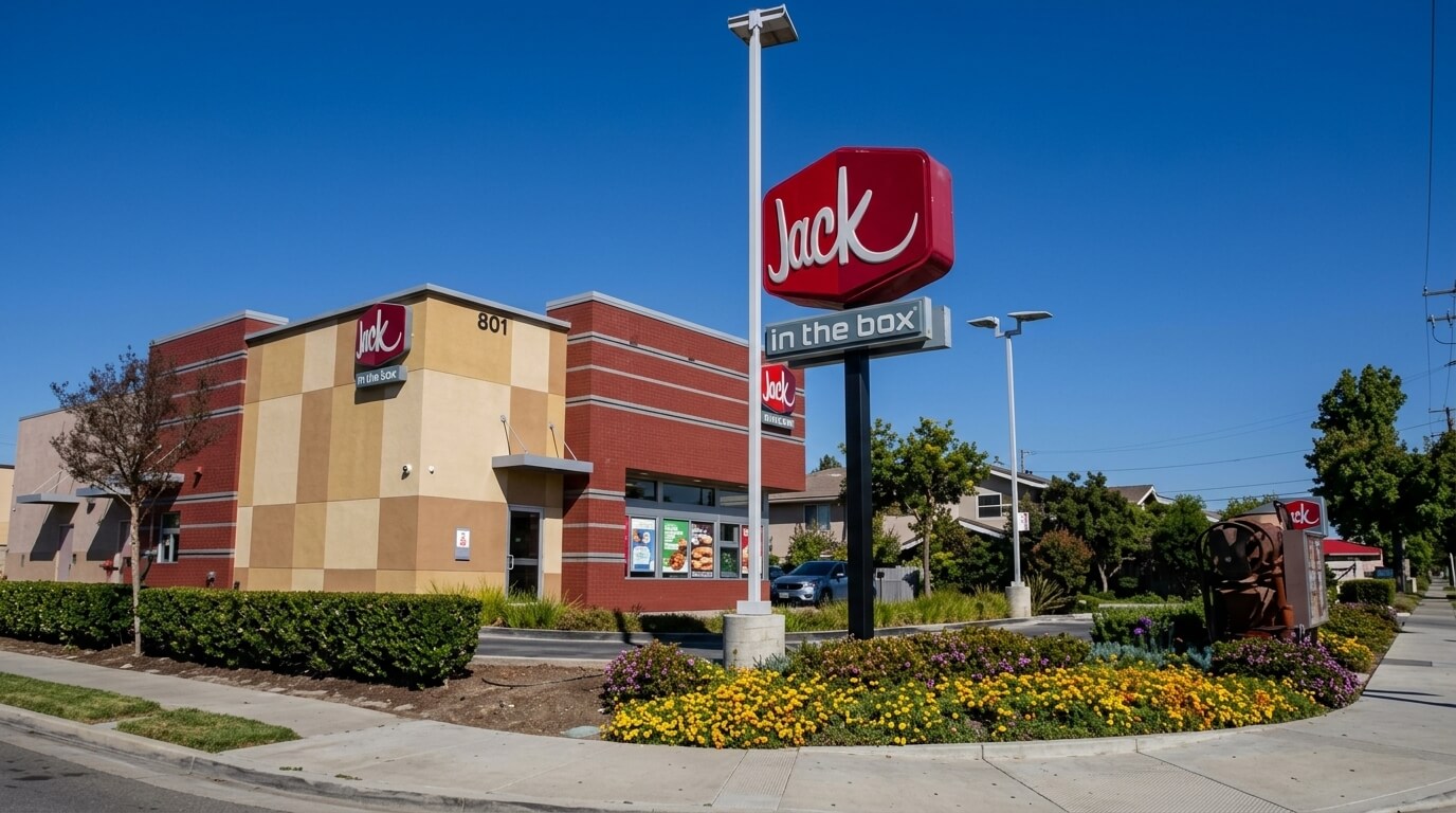Jack in the Box fast food restaurant with signage and landscaped flower beds under a clear blue sky