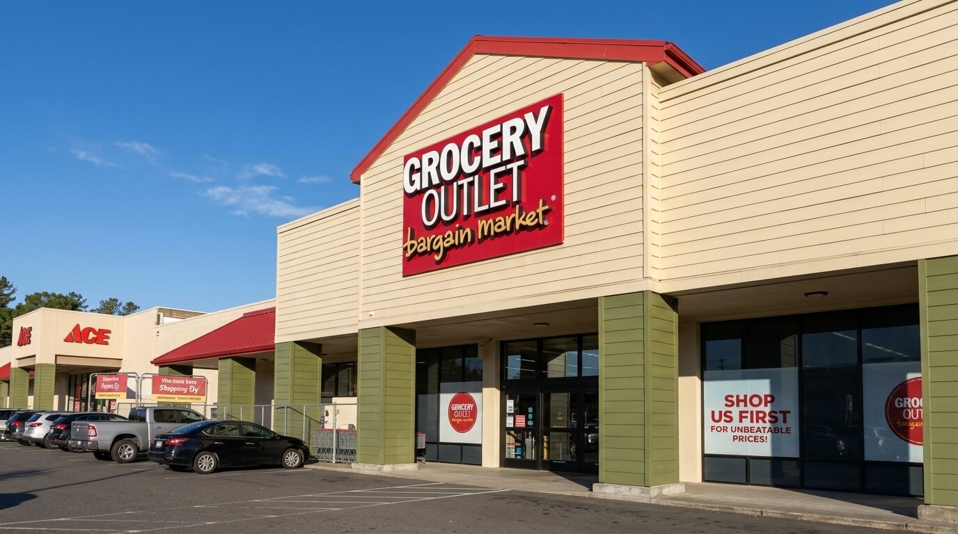Grocery Outlet bargain market storefront with parked cars and adjacent Ace Hardware store under clear sky