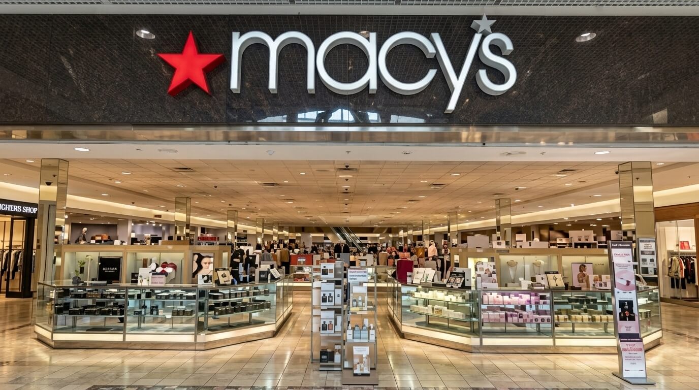 Macy's department store entrance with cosmetics and jewelry displays inside.