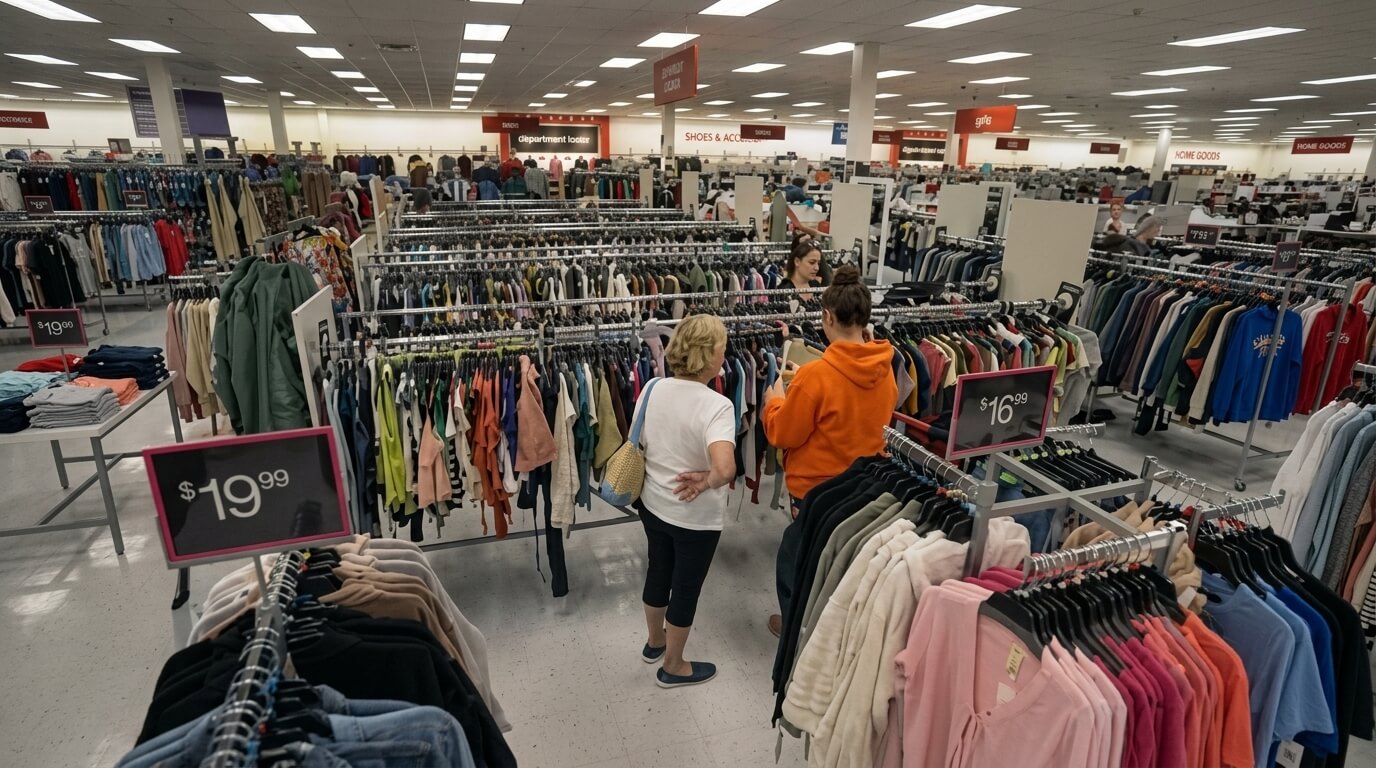 Shoppers browsing clothing racks in a department store with price signs of $19.99 and $16.99 visible.
