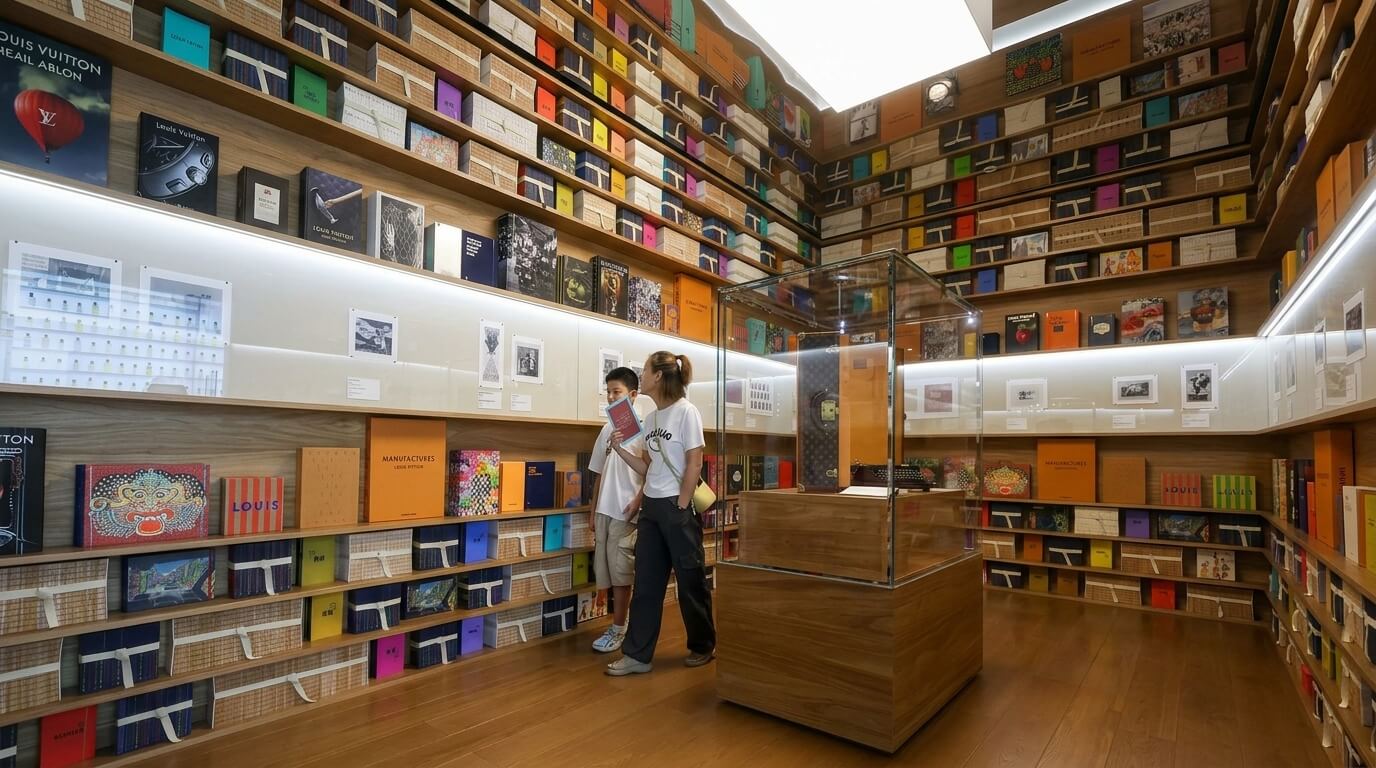 Two people browsing books in a Louis Vuitton-themed library or exhibit room with wooden shelves and colorful book covers.