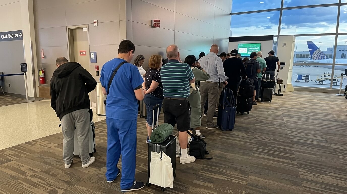 Passengers waiting in line at airport gate B40 with a United Airlines plane visible outside the window.