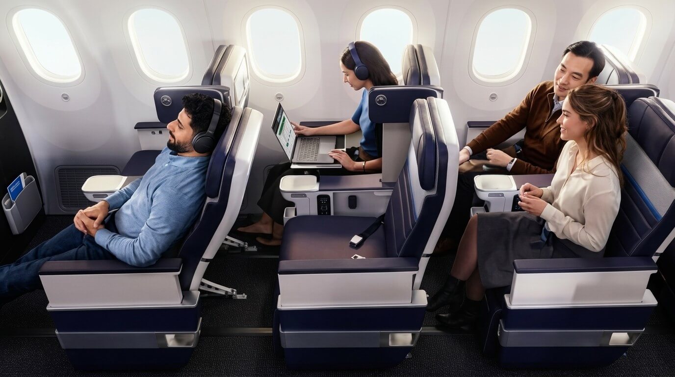 Four passengers in business class seats on an airplane, one reclining with headphones, one working on a laptop, and two conversing.