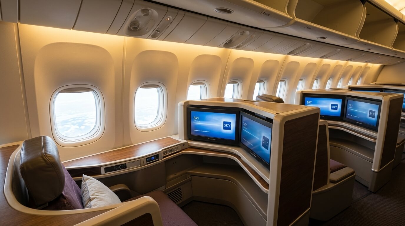 First-class airplane seats with dual entertainment screens and large windows showing sky view