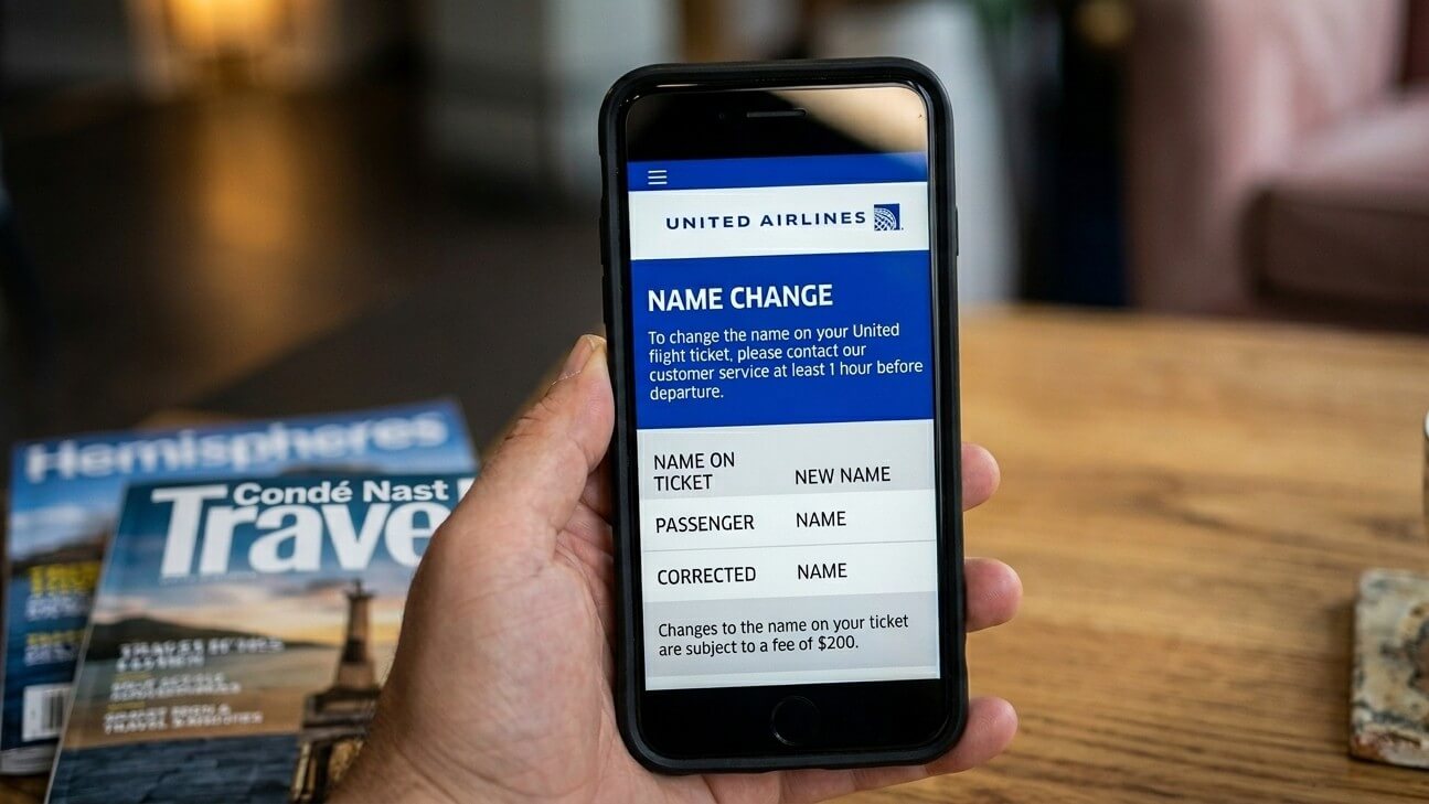 United Airlines mobile screen showing name change policy with $200 fee on a smartphone held over a wooden table.