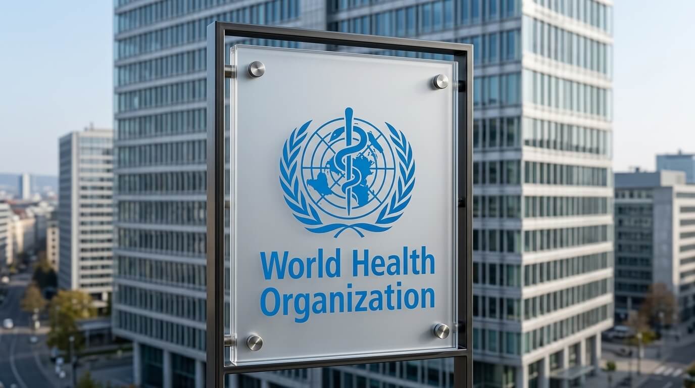 World Health Organization logo on a glass sign with office buildings in the background