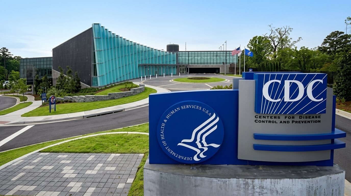 CDC headquarters building with Department of Health and Human Services sign and flags outside