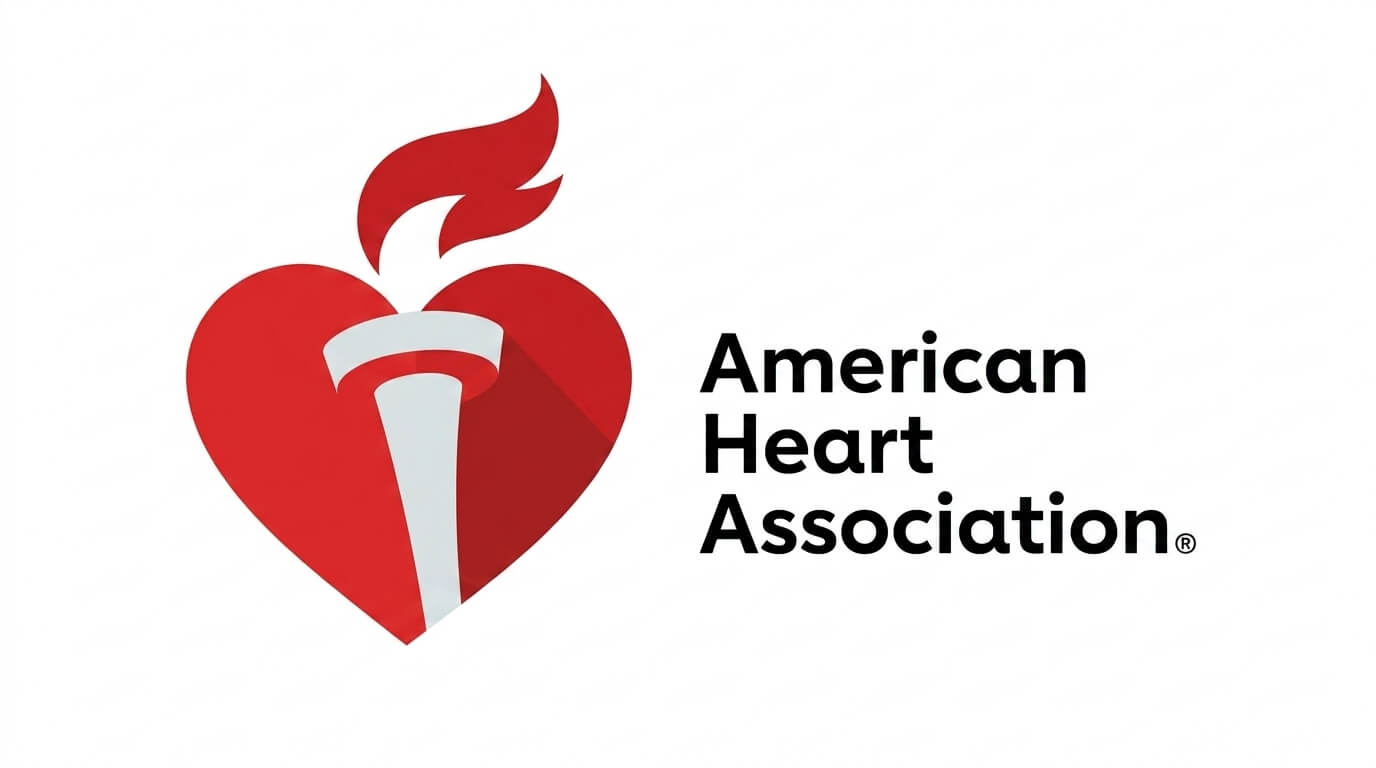 American Heart Association logo with a red heart and white torch flame icon