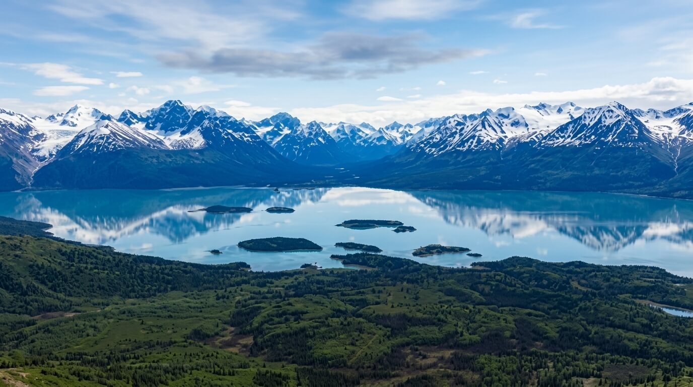 Lake Clark with islands and snow-capped Alaska Range mountains reflected in the water under a partly cloudy sky