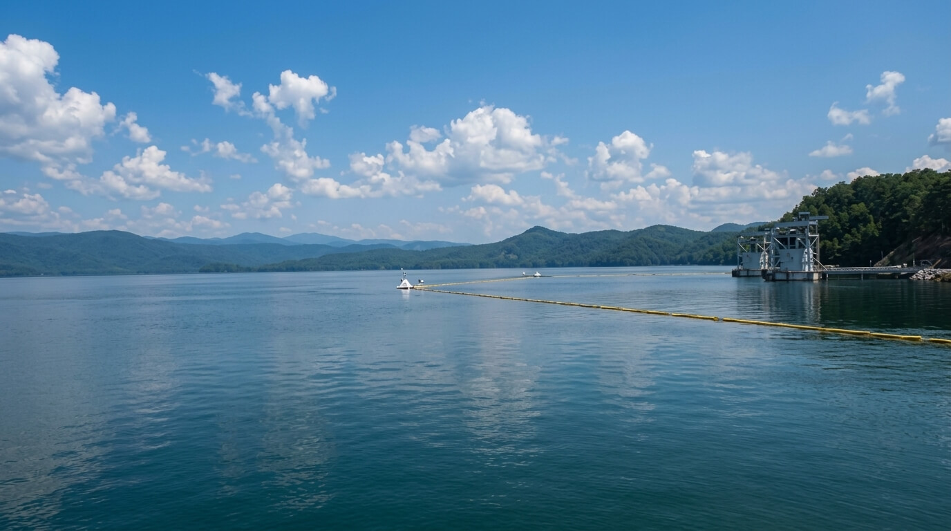 Lake with floating barrier and dock structure, surrounded by forested hills under a partly cloudy sky