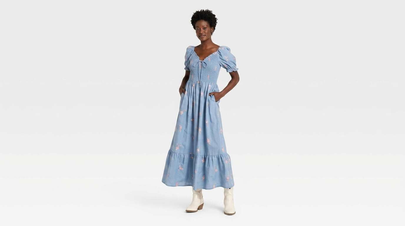 Woman wearing a blue floral puff-sleeve midi dress with white ankle boots standing against a white background.