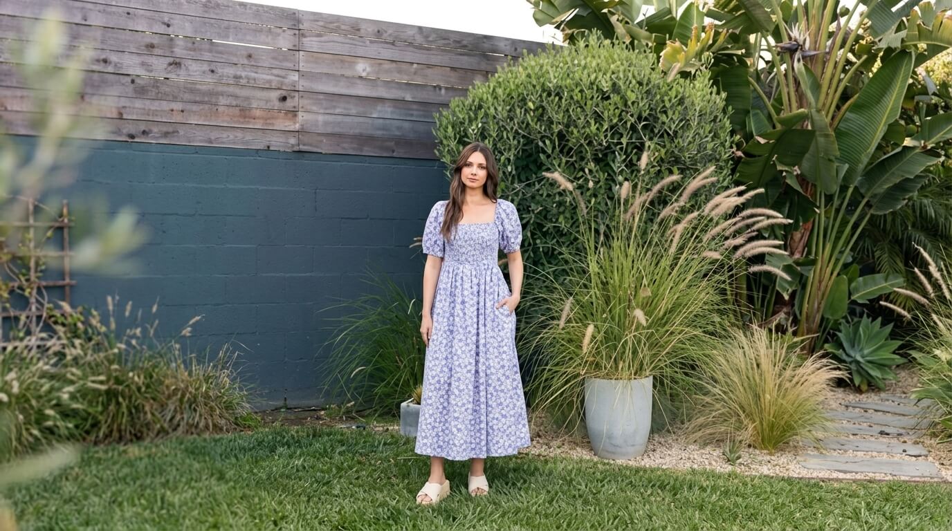 Woman in a blue floral puff-sleeve dress standing in a garden with green plants and a wooden fence background